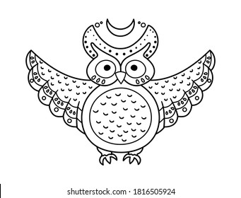 Búho vector lindo con alas de propagación y media luna. Icono blanco y negro de Halloween. Gracioso otoño todos los santos ven la ilustración con animal volador. Página de coloreo de la fiesta de Samhain para los niños. 

