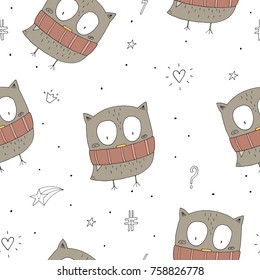 Cute Vector owls in cartoon style. vector pattern.