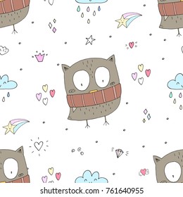 Cute Vector owls in cartoon style. vector pattern.