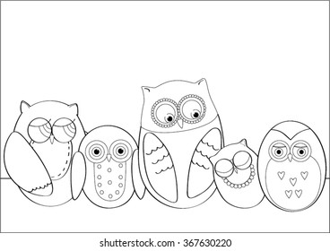 Cute vector owls in outline form for coloring