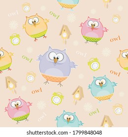 Cute vector owls for printing on clothes and fabric. Seamless patterns with owl