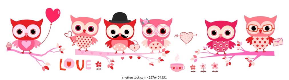 Cute vector owls in red and pink on branches with hearts, mustache, balloon, eyeglasses and flowers, Valentine's Day woodland animal - bird