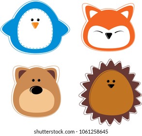 cute vector painted animals, toy fox, penguin, bear, hedgehog