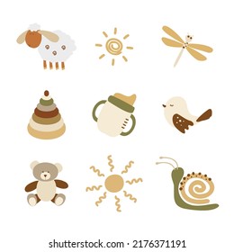 Cute vector paintings set with milk bottle, sun and bird for newborn baby. Cartoon drawings for child stuff decoration with sheep, dragonfly and teddy bear