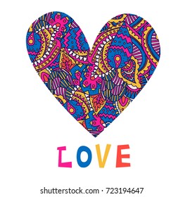 Cute vector paisley pattern texture ornament heart silhouette with lettering "Love" for Valentine romantic design card template. Wedding decoration concept