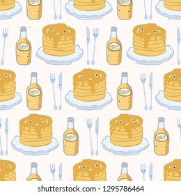 Cute vector pancake day breakfast illustration. Seamless repeating pattern. Hand drawn stack of delicious pancakes with maple syrup bottle, kawaii smiling face knife and fork. Food celebration.