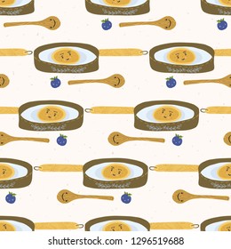 Cute vector pancake day breakfast illustration. Seamless repeating pattern. Hand drawn delicious pancakes cooking, frying pan, kawaii smiling blueberry, wooden spoon. Food all over print.