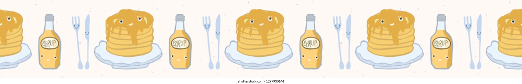 Cute vector pancake day breakfast illustration. Seamless repeating border. Hand drawn stack of delicious pancakes with maple syrup bottle, kawaii smiling face knife and fork. Food washi tape edging.
