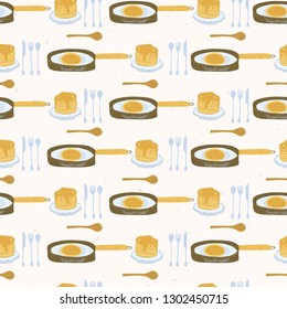 Cute vector pancake day breakfast illustration. Seamless repeating pattern. Hand drawn delicious pancakes cooking, frying pan, kawaii blueberry fruit, wooden spoon. Food all over print background.