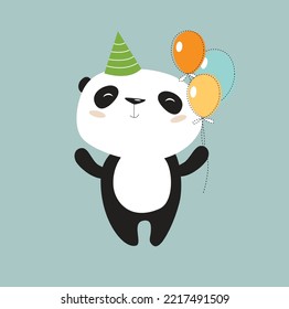 Cute vector panda with balloons. Panda has a birthday. Cartoon panda celebrates the holiday. Asian animal.