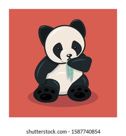 Cute vector panda eating leaves on red background