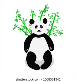 Cute vector panda sitting on a background of bamboo branches.
