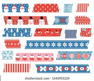 Cute vector paper tape set with Christmas torn stripes of adhesive in blue and red colors for holiday designs