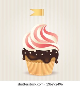 Cute vector party cupcake on delicate striped background. Cupcake collection.