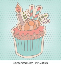 Cute Vector Party Cupcake on Dotted Blue Background