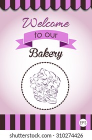 Cute vector party cupcake on delicate striped background. Cupcake collection.