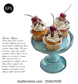 Cute vector party cupcake on delicate white background. Cupcake collection.