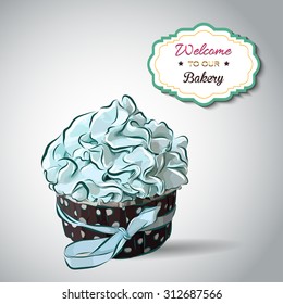 Cute vector party cupcake on delicate striped background. Cupcake collection. EPS