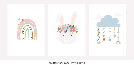 Cute vector pastel cards set for baby room decoration. Bunny head with floral wreath, rainbow, hearts, cloud and flowers in cartoon flat style, Vector illustration for poster, greeting card, print etc