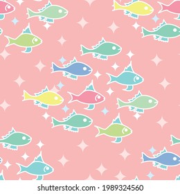 Corta vectorial palas de colores pastel de peces patrón de repetición sin fisuras con formas espumosas en un fondo rosa pálido