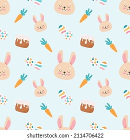 Cute vector pastel pattern with easter rabbits, painted eggs and cakes