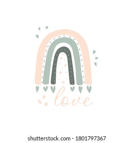 Cute vector pastel rainbow with hearts, love in childish scandinavian style in blue, gray and pink colors isolated on white background. Perfect for children's clothing, posters, prints, cards, fabric