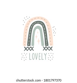 Cute vector pastel rainbow with hearts, lovely in childish scandinavian style in blue, gray and pink colors isolated on white background. Perfect for children's clothing, posters, , cards, fabric