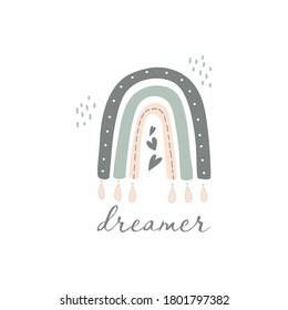 Cute vector pastel rainbow with hearts, dreamer in childish scandinavian style in blue, gray and pink colors isolated on white background. Perfect for children's clothing, posters, , cards, fabric.