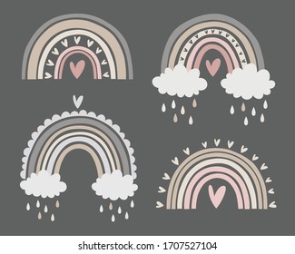 Cute vector pastel rainbow set with drops on grey background printable poster 