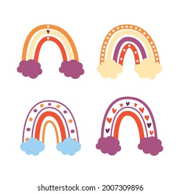 Cute vector pastel rainbow set with clouds and hearts. Cute Hand Drawn  Rainbow and Cloud. Nursery Wall Art for Baby Boy And Baby Girl.