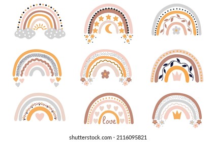 Cuto vector arco iris pastel aislado en fondo blanco. Conjunto de arcos con corazones, nubes, llueve en un estilo escandinavo infantil. Perfecto para niños, afiches, impresiones, tarjetas, tela.