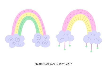 Cute vector pastel rainbow set with clouds isolated on white background for printable poster for kids