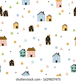 Cute vector pastel seamless pattern in Scandinavian style, doodle city, minimalistic background, wallpaper, wrapping, textile, texture