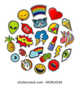 Cute vector patches icons in circle design. Unicorn and alien, pineapple and thunderstorm illustration