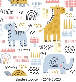 Cute vector pattern with African animals and plants in cartoon style. Zebra, giraffe, turtle, herbs seamless background for nursery decor, fabrics, children's textiles, wrapping paper.