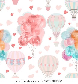 Cute vector pattern with air balloons and hearts