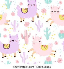 Cute vector pattern with alpacas and cactus. gentle pastel colors, cartoon style, baby and mom