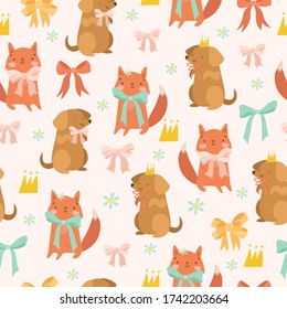 Cute vector pattern with animals. dog, fox squirrel. funny babies with bows. cartoon style