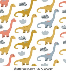 Patrón vectorial lindo con dinosaurios de bebé, nubes sobre fondo blanco. Patrón de dino para los niños
