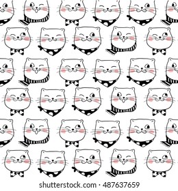 Cute vector pattern background of cat with beauty scarf,bow tie.Doodle style.