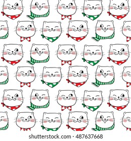 Cute vector pattern background of cat in Merry Christmas with beauty scarf,bow tie.Doodle style.