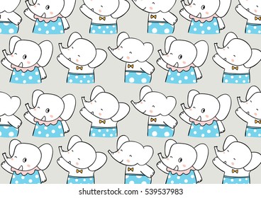 Cute vector pattern background of elephant and polka dot on gray color .Doodle cartoon style.