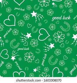 Cute vector pattern background  with good luck symbols and text . Perfect for cards , web background , textile and home decor projects. 