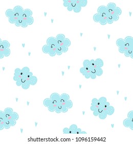 Cute vector pattern background. Seamless design with clouds and hearts. Can be used print for t-shirts, home decor, cards, posters for baby room or bedroom. Baby, kids illustration.
