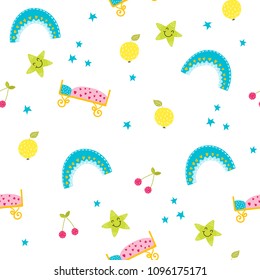 Cute vector pattern background. Seamless design with rainbows, cribs, stars, apples. Can be used print for t-shirts, home decor, cards, posters for baby room or bedroom. Baby, kids illustration.