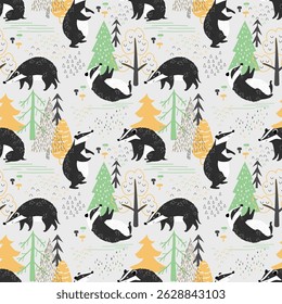 Cute vector pattern of badger in the forest. Seamless vector pattern for children's design