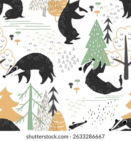Vetor bonito padrão de texugo na floresta. Padrão de vetor contínuo para design infantil