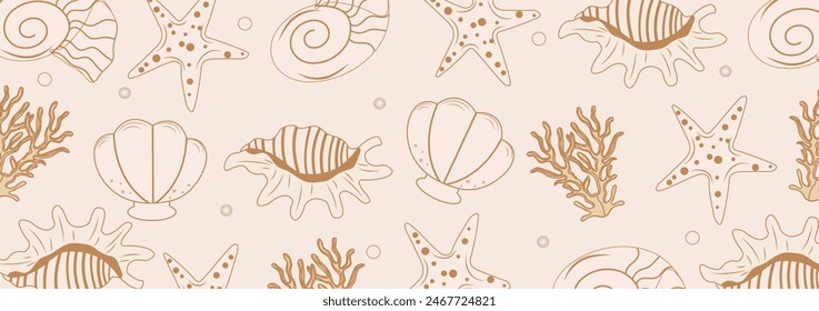 Nette Vektorgrafik Muster mit Strandmuscheln. Exotische tropische Unterwassermuschel, Wassermuschel, Meeresspiralschnecke, Seesterne für Banner, Karten, Flyer, Bildschirmhintergründe, Textilien, Social Media.