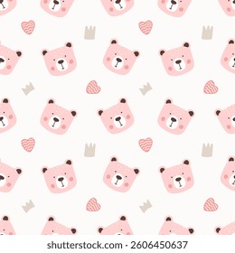 Cute vector pattern of bear faces and hearts in soft pink colors for kids design. Vector illustration