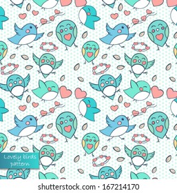 Cute vector pattern with birds and hearts. Endless background.